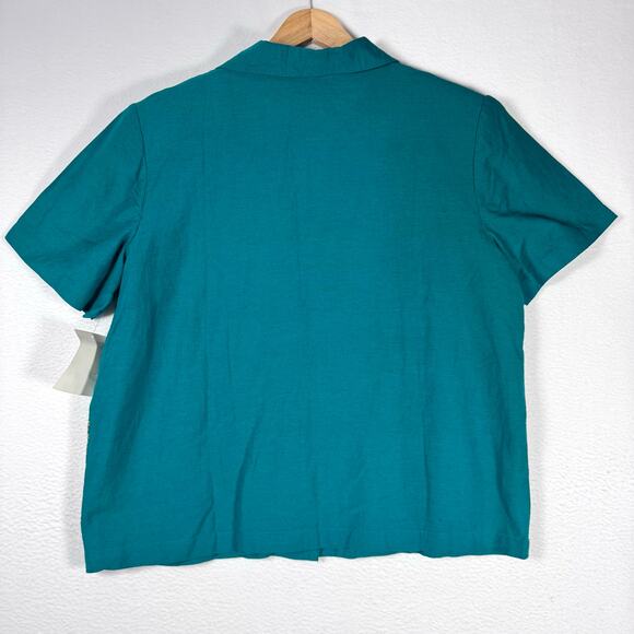 BEDFORD FAIR Women's Button Front Embroidered Shirt Teal Cropped Top Size 16 - Picture 2 of 6